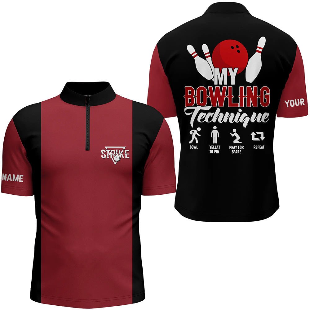 Rotes schwarzes Vintage Herren Bowling Quarter Zip Shirt - Personalisiert mit meinem Bowlingtechnik Strike - Bowling Team Trikot Q5487 - Climcat