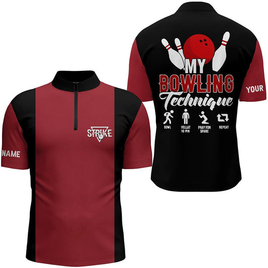 Rotes schwarzes Vintage Herren Bowling Quarter Zip Shirt - Personalisiert mit meinem Bowlingtechnik Strike - Bowling Team Trikot Q5487 - Climcat