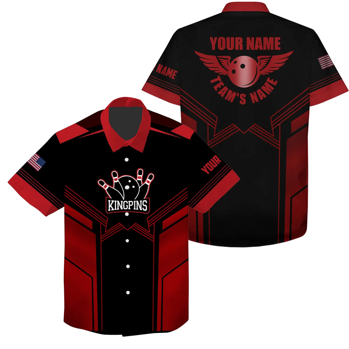 Rotes und schwarzes Bowling-Hawaiihemd für Herren mit individuellem Namen und Teamnamen - Herren-Bowling-Teamshirts Q4728 - Climcat