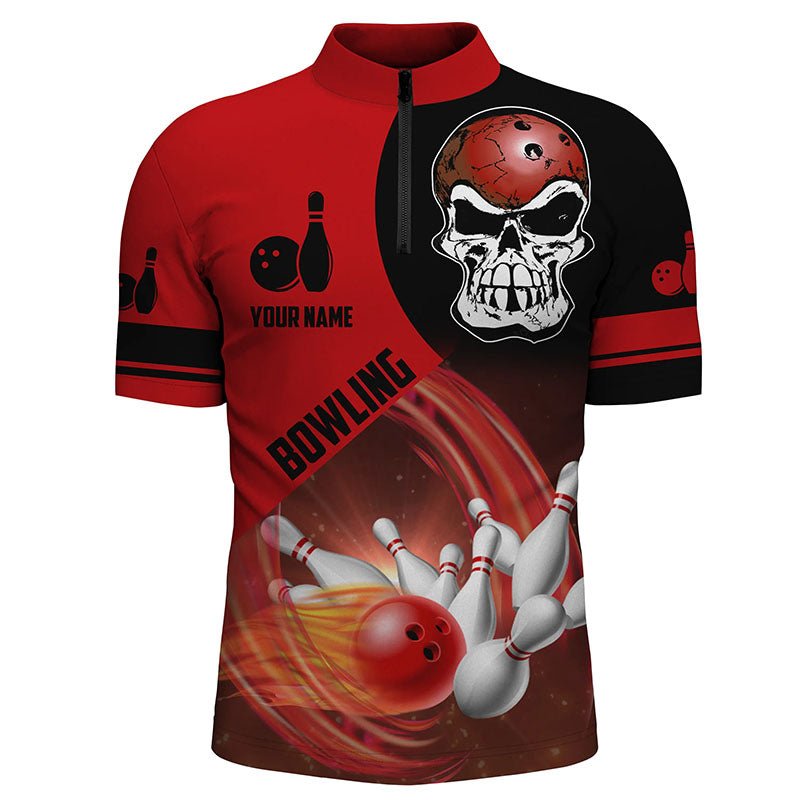 Rotes und schwarzes Bowlingkugel- und Pins-Herren-Bowling-Quarter-Zip-Shirt, individuell gestaltetes Totenkopf-Bowling-Team-Trikot Q6082 - Climcat