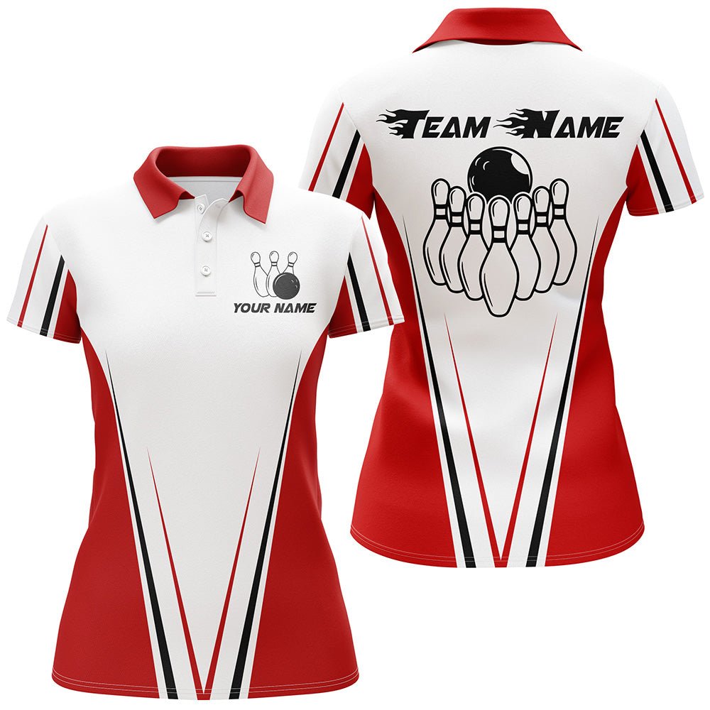 Rotes und weißes Damen Bowling Shirt - Personalisiertes Polo-Shirt mit individuellem Namen für Bowling-Team - D17 - Climcat