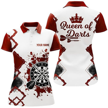 Rotes und weißes Damen Darts Polo Shirt 'Queen of Darts' - Individuell anpassbares cooles Darts Trikot für Frauen X681 - Climcat