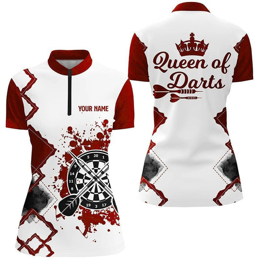 Rotes und weißes Darts-Quarter-Zip-Shirt für Damen, individuell anpassbares cooles Darts-Trikot 'Queen of Darts' J578 - Climcat