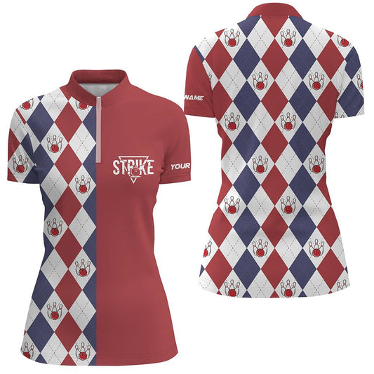 Rotes weißes blaues Argyle-Karo-Muster Damen Bowling Quarter-Zip Shirt individuelle Bowling Strike Team Trikots Q6830 - Climcat