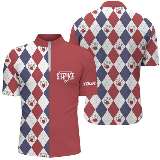 Rotes weißes blaues Argyle-Karo-Muster Herren Bowling Quarter-Zip Shirt individuelle Bowling Strike Team Trikots Q6830 - Climcat