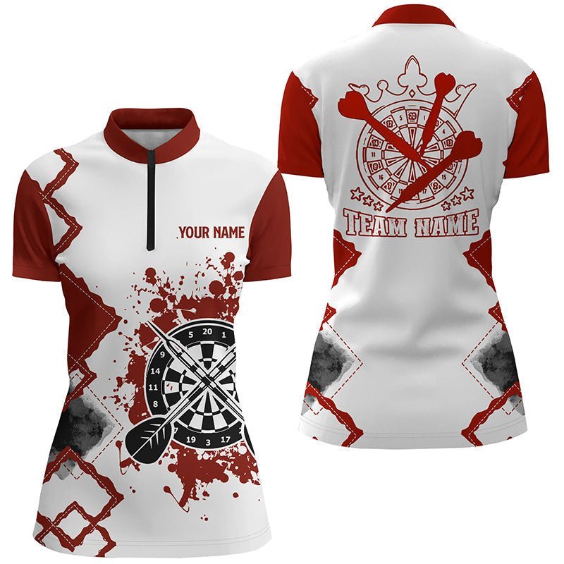 Rotes weißes personalisiertes Darts-1/4-Zip-Shirt, individuell anpassbares Darts-Team-Trikot für Frauen P965 - Climcat
