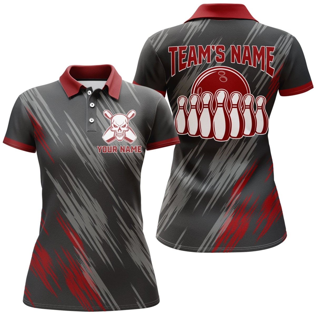 Schädel Bowling Polo Shirt für Damen Schwarz & Rot Bowling Trikot Damen Bowling Team Shirt D157 - Climcat