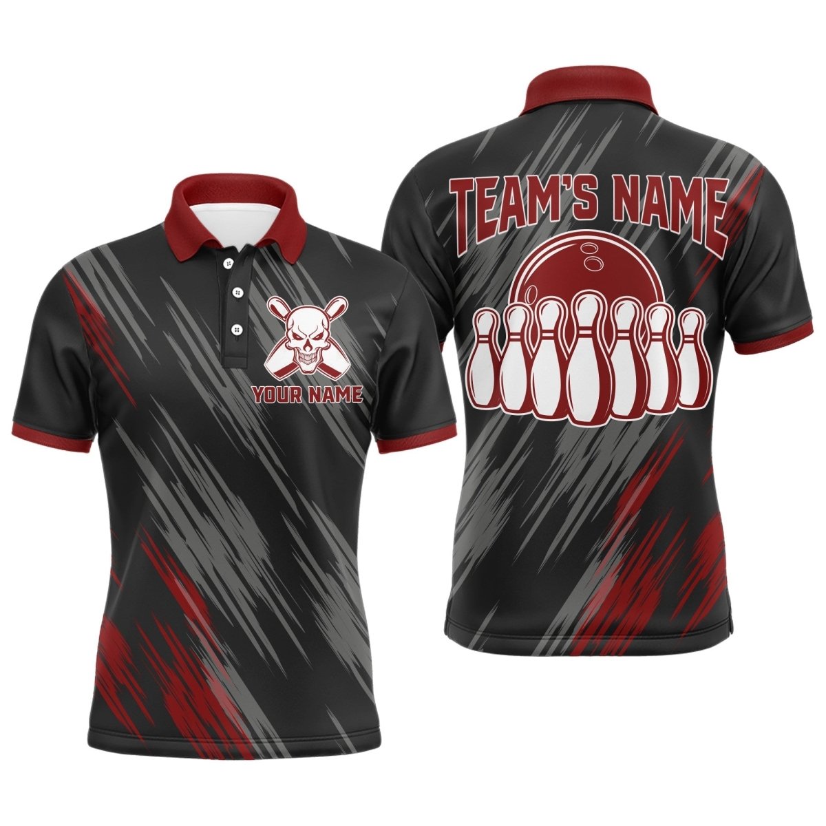 Schädel Bowling Polo Shirt für Herren Schwarz & Rot Bowling Trikot Bowling Team Shirt D156 - Climcat
