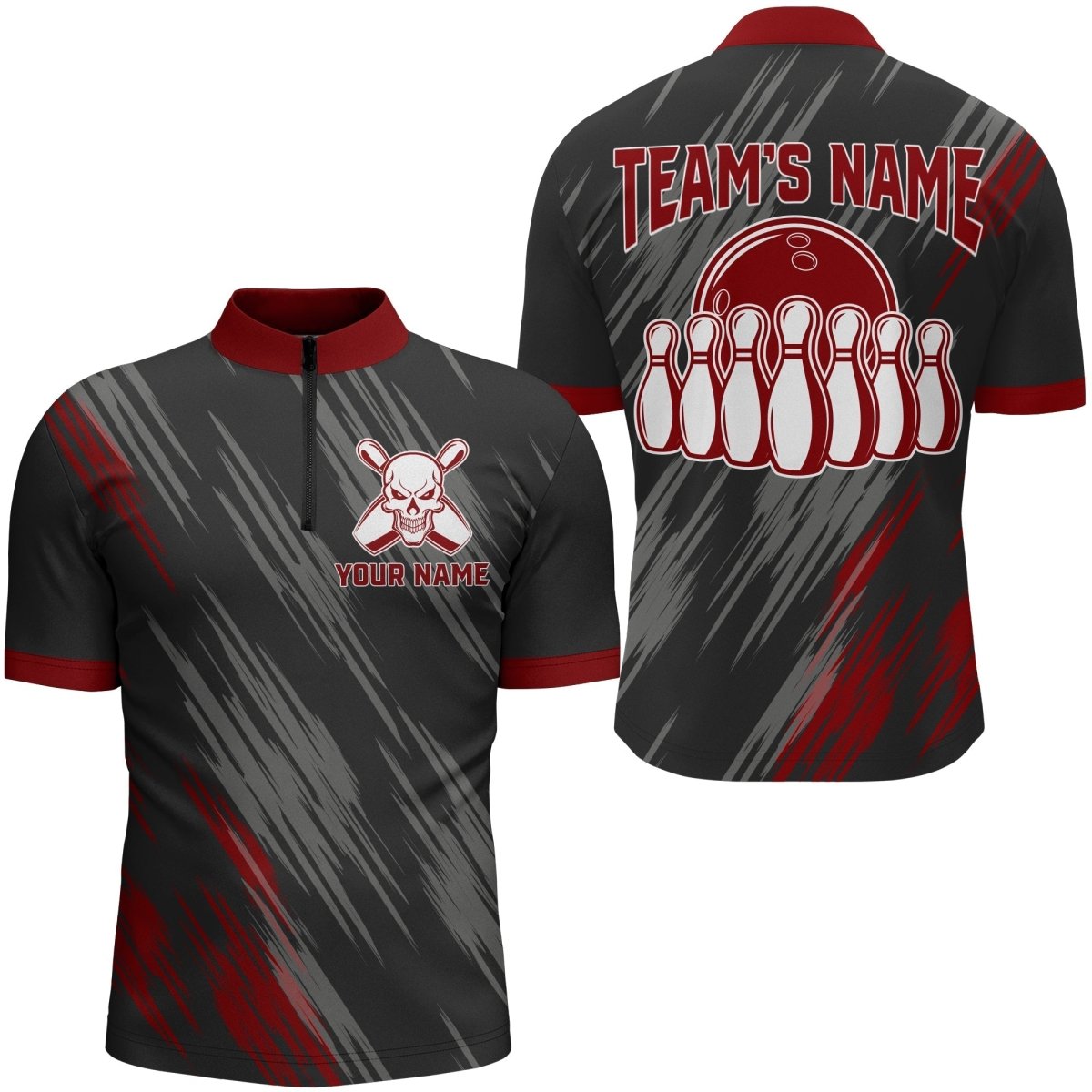 Schädel Bowling Quarter-Zip Shirt für Herren Schwarz & Rot Bowling Trikot Bowling Team Shirt D158 - Climcat