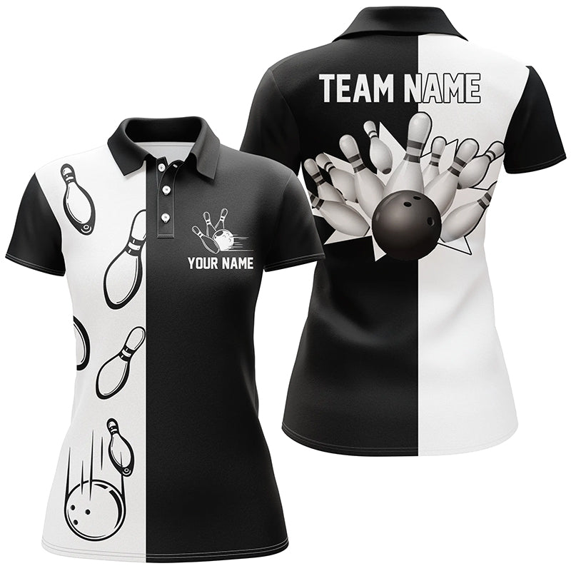 Schwarz-weiße Retro-Vintage-Bowling-Polo-Shirts für Frauen, individuell anpassbare Bowling-Team-Trikots - Climcat