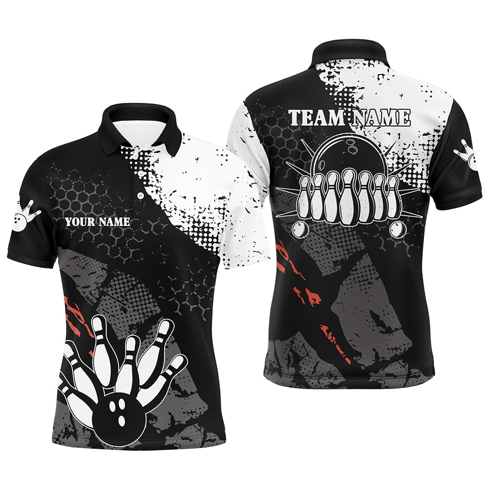 Schwarz-weißes Herren Polo Bowling Shirt, individuell anpassbares Retro Bowlingkugel und Pins Bowling Team Liga Trikot - Climcat