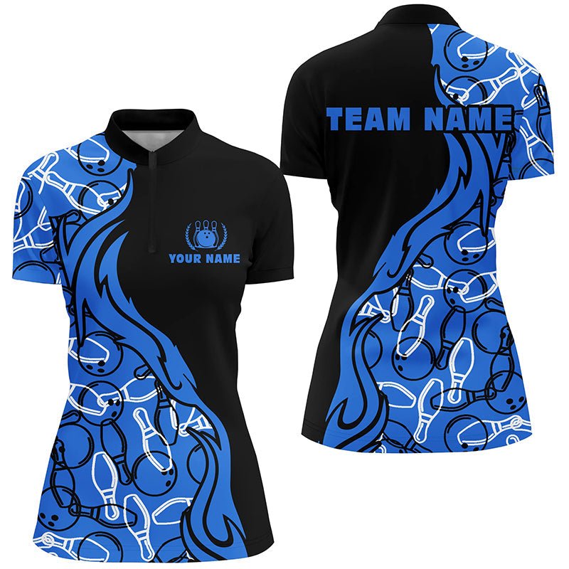 Schwarze blaue Muster Bowling Quarter Zip Shirts für Damen, individuelle Team Bowling Trikots für Mädchen Bowler Q5355 - Climcat