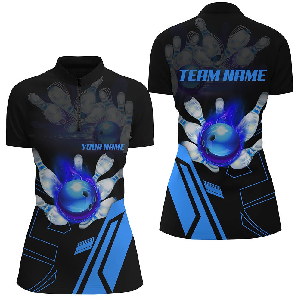 Schwarze Flammen Bowlingkugel Pins Trikots | Personalisierte Team Liga Bowling Viertel-Zip Shirts für Frauen | Blau Q6557 - Climcat