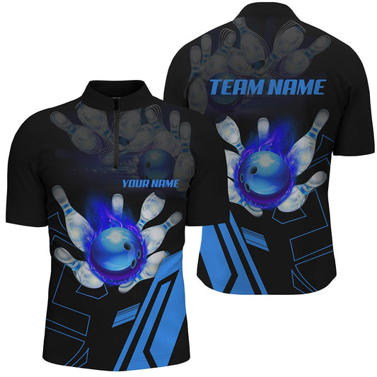 Schwarze Flammen Bowlingkugel und Pins Trikots | Individuelle Team Liga Bowling Viertel-Zip Shirts für Herren | Blau Q6557 - Climcat