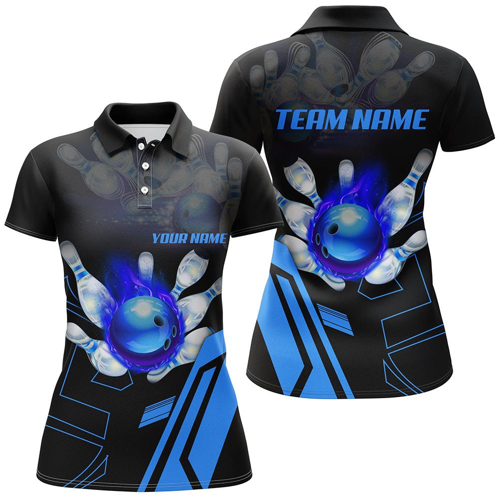 Schwarze Flammen Bowlingkugel und Pins Trikots | Personalisierte Team Liga Bowling Polo Shirts für Damen | Blau Q6557 - Climcat