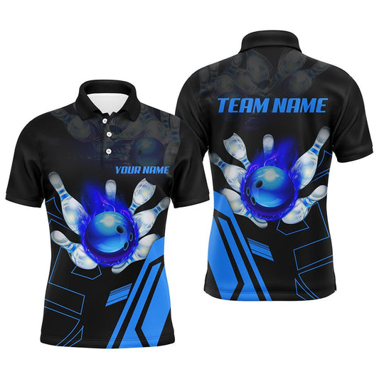 Schwarze Flammen Bowlingkugel und Pins Trikots | Personalisierte Team Liga Bowling Polo Shirts für Herren | Blau Q6557 - Climcat