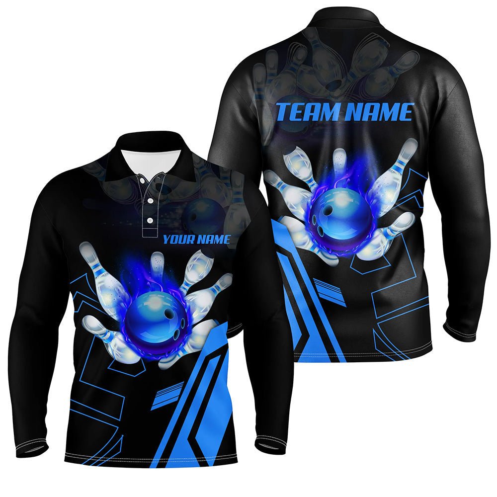 Schwarze Flammen Bowlingkugel und Pins Trikots | Personalisierte Team Liga Bowling Polo Shirts für Herren | Blau Q6557 - Climcat