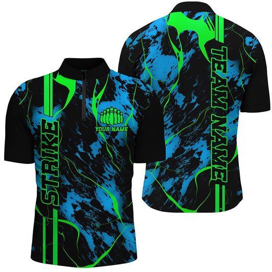 Schwarze, grüne und blaue Strike Bowling 1/4 Zip Shirts, individuell anpassbare Herren Bowling Team Shirts - Climcat