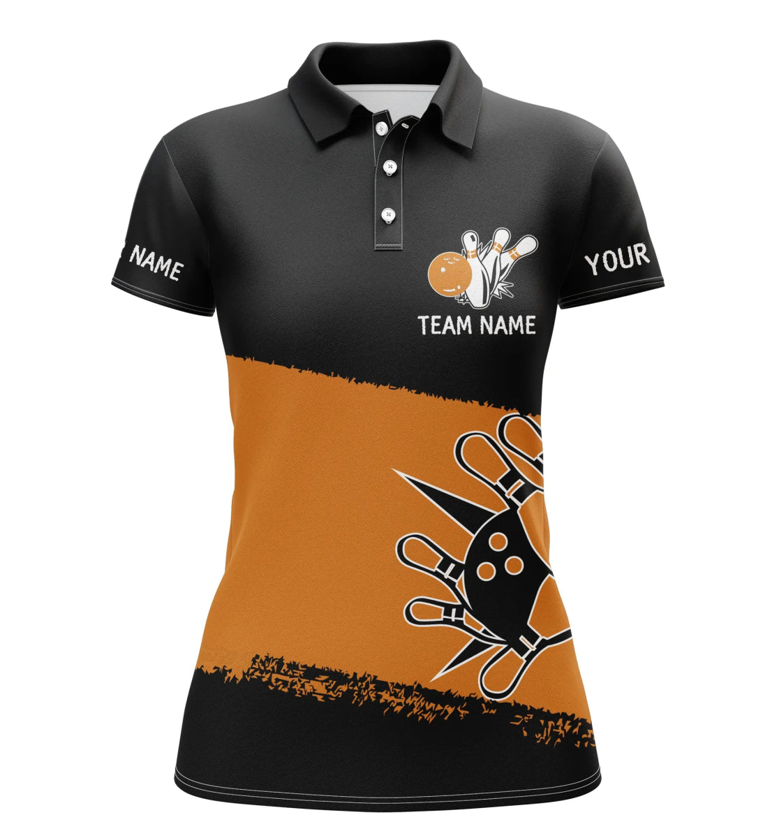 Schwarze orange Bowlingkugeln und Pins - Personalisierte Bowling-Polo-Shirts für Damen, Team-Bowlingtrikots Q4769 - Climcat