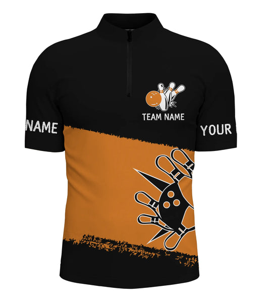 Schwarze orangefarbene Bowlingkugeln und Pins, individuelles Team-Bowling-Quarter-Zip für Herren, Team-Bowling-Trikots Q4769 - Climcat