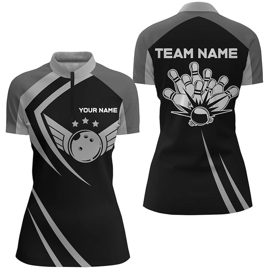 Schwarze Retro-Vintage-Bowling-Quarter-Zip-Shirts für Damen - Personalisierte Bowling-Team-Liga-Trikots Q6593 - Climcat