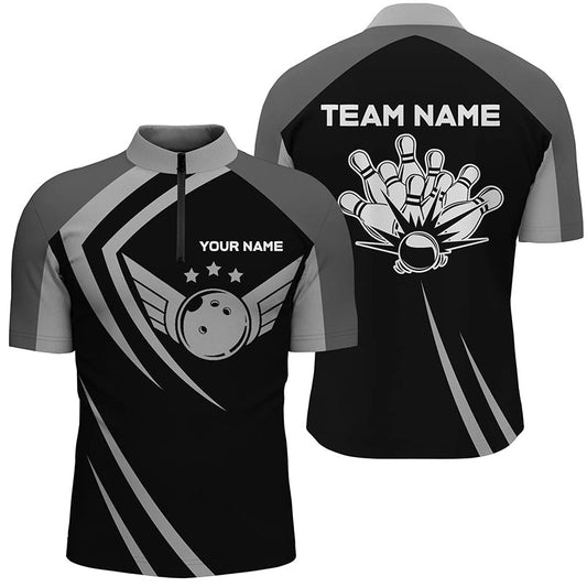 Schwarze Retro-Vintage-Bowling-Quarter-Zip-Shirts für Herren - Individuelle Bowling-Team-Liga-Trikots Q6593 - Climcat