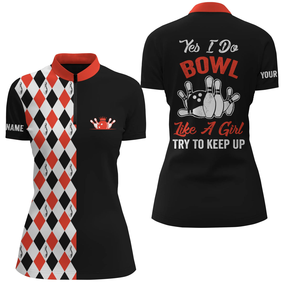 Schwarze rote Viertel-Reißverschluss-Bowlinghemden für Frauen mit individuellem Namen "Ja, ich bowle wie ein Mädchen, versuch mitzuhalten" Q4791 - Climcat