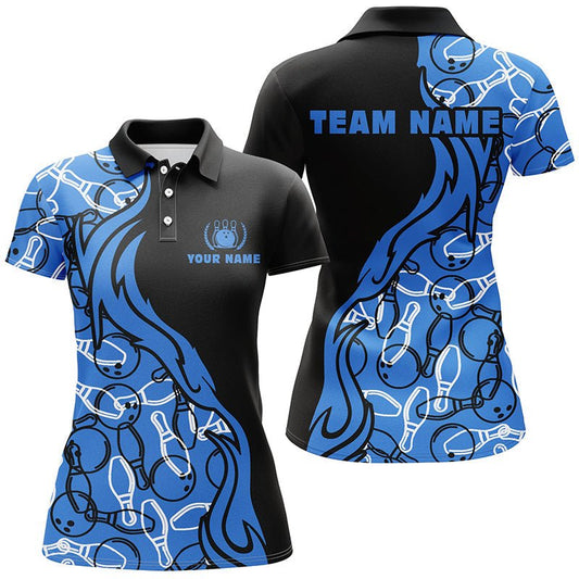 Schwarze und blaue Muster Bowling Polo Shirts für Damen, individuelle Team Bowling Trikots für Mädchen Bowler Q5355 - Climcat