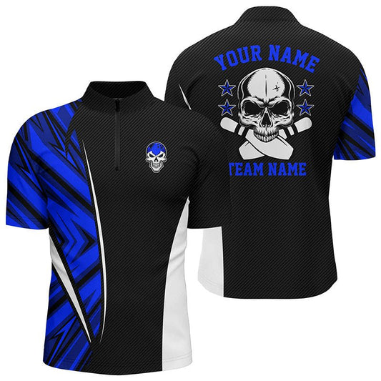 Schwarze und blaue Tarnmuster Personalisierte Bowling-Quarter-Zip-Shirts für Herren, Team Skull Bowling Trikots Q6368 - Climcat