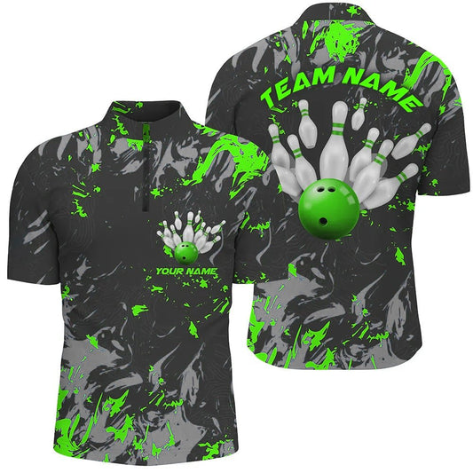 Schwarze und grüne Camo Bowling Team Shirts für Herren - Individuell gestaltbare Viertel-Zip-Shirts für Bowling-Ligen P5362 - Climcat