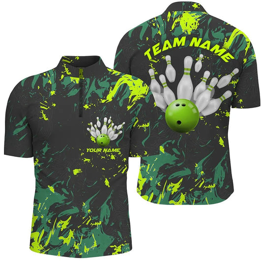 Schwarze und grüne Camo Bowling Team Shirts - Individuelle Herren Viertel-Zip Shirts für Bowling Liga - P5364 - Climcat