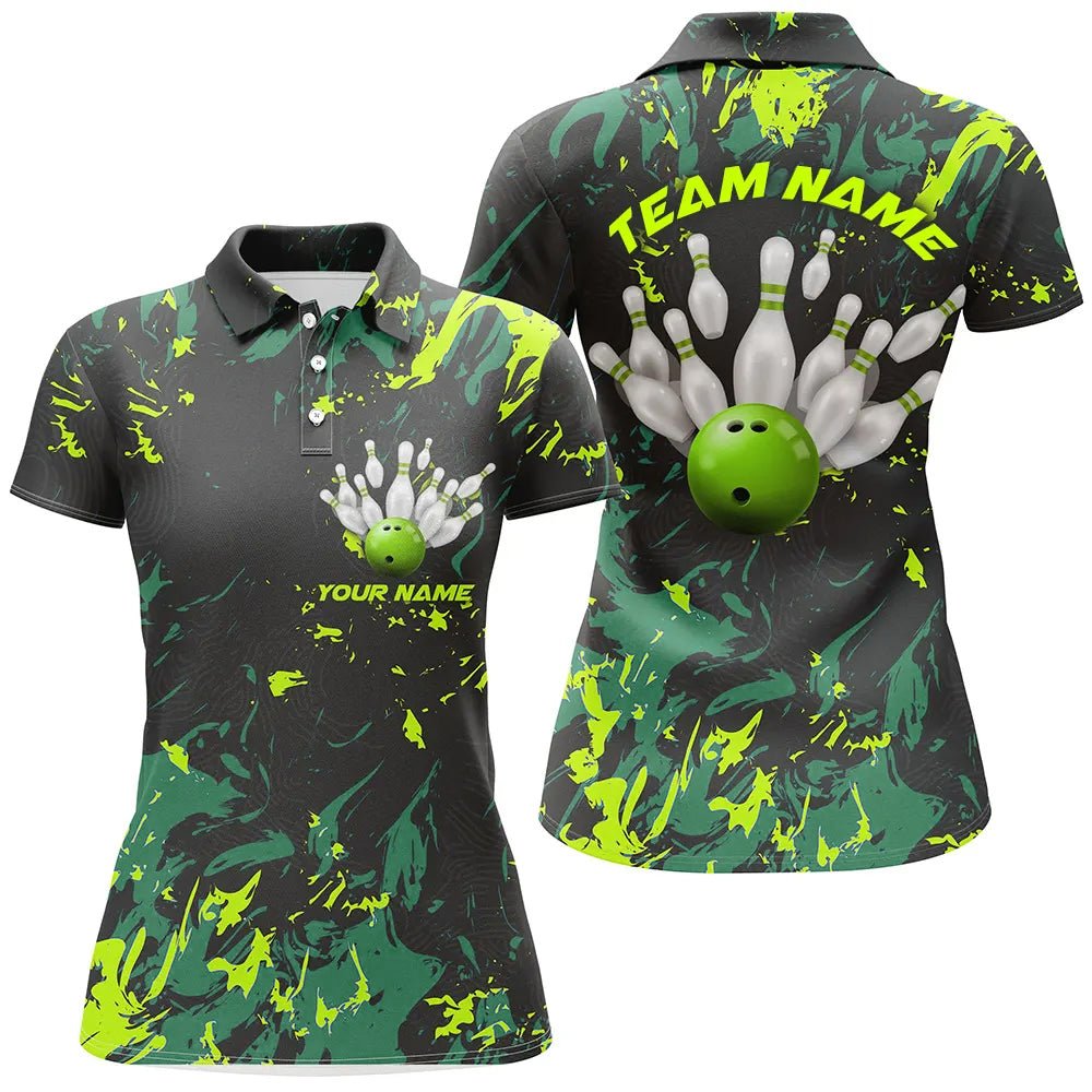 Schwarze und grüne Camo Bowling Team Shirts - Personalisierte Damen Polo Shirts für Bowling Liga - P5364 - Climcat