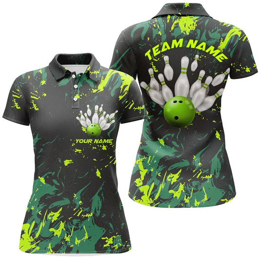 Schwarze und grüne Camo Bowling Team Shirts - Personalisierte Damen Polo Shirts für Bowling Liga - P5364 - Climcat