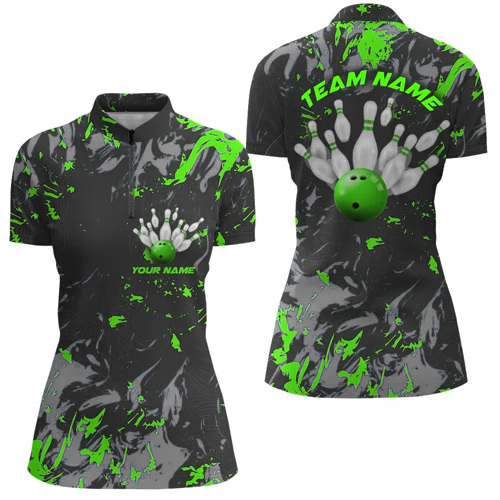 Schwarze und grüne Camo-Bowling-Teamshirts für Damen - Individuell gestaltete Bowling-Liga-Shirts mit Viertelreißverschluss P5362 - Climcat