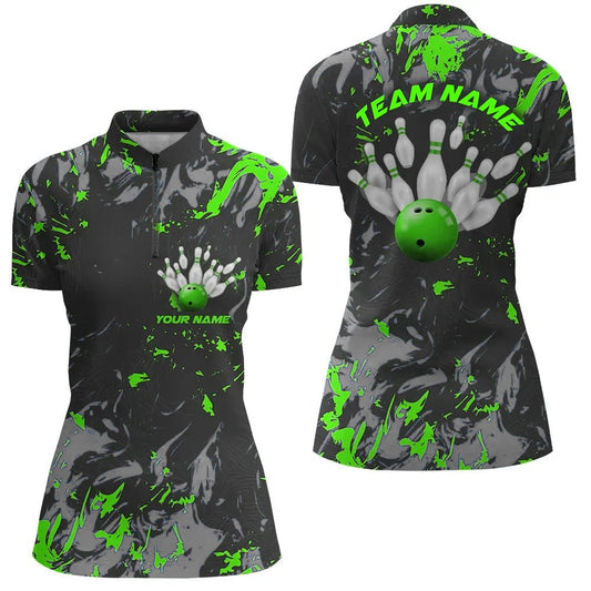 Schwarze und grüne Camo-Bowling-Teamshirts für Damen - Individuell gestaltete Bowling-Liga-Shirts mit Viertelreißverschluss P5362 - Climcat