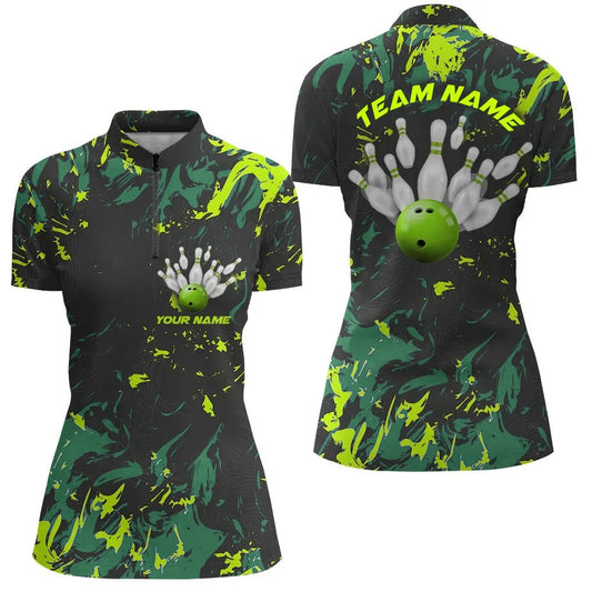 Schwarze und grüne Camouflage-Bowling-Teamshirts für Damen - Individuell gestaltete Bowling-Liga-Shirts mit Viertelreißverschluss P5364 - Climcat