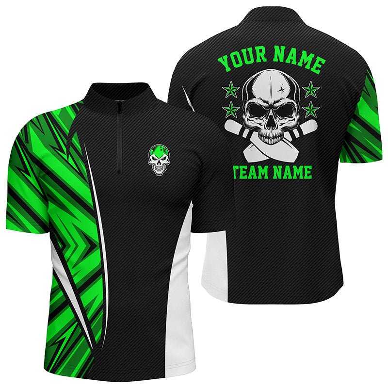 Schwarze und grüne Tarnmuster Personalisierte Bowling-Quarter-Zip-Shirts für Herren, Team Skull Bowling Trikots Q6369 - Climcat