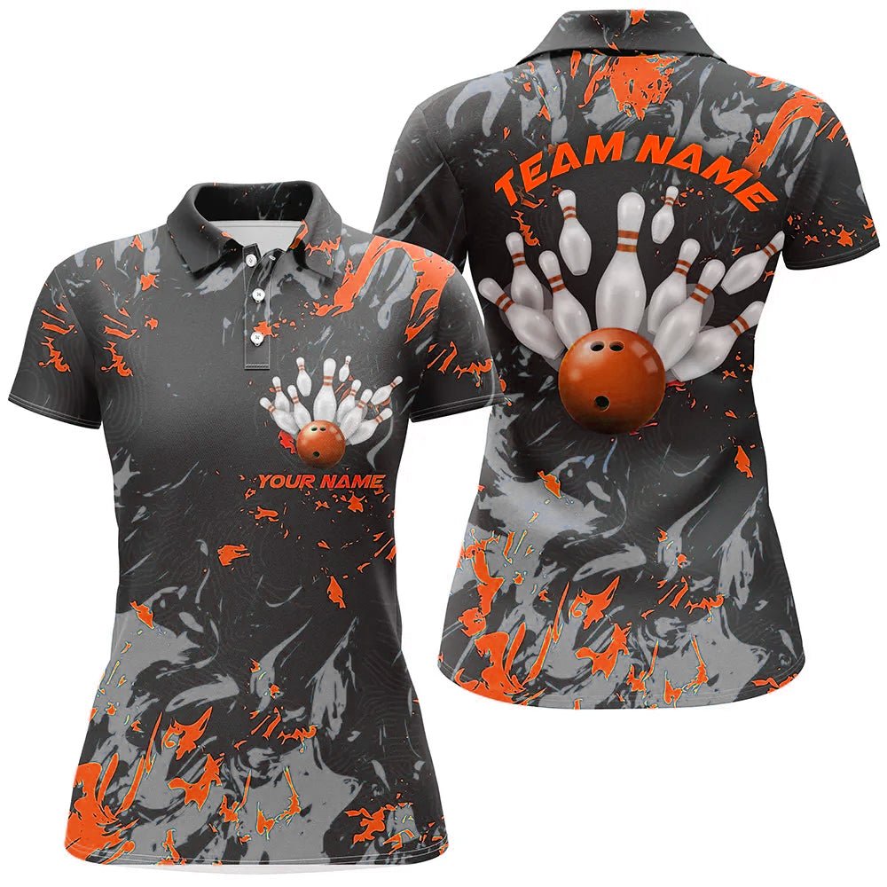 Schwarze und orangefarbene Camo-Bowling-Teamshirts - Individuelle Damen-Poloshirts für Bowling-Ligen - P5361 - Climcat