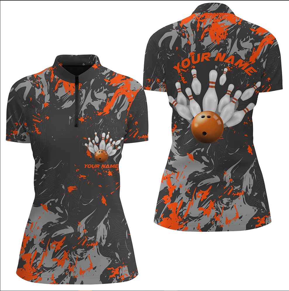 Schwarze und orangefarbene Camouflage-Bowling-Teamshirts für Damen - Individuell gestaltbare Bowling-Liga-Shirts mit Viertelreißverschluss P5361 - Climcat