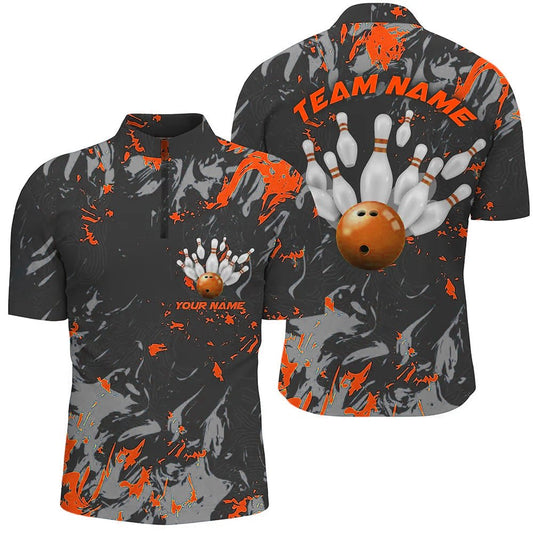 Schwarze und orangefarbene Camouflage-Bowling-Teamshirts für Herren | Individuell gestaltbare Viertelreißverschluss-Shirts für Bowling-Ligen | P5361 - Climcat