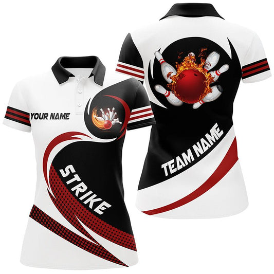 Schwarze und weiße Bowling-Polo-Shirts für Damen - Individuell gestaltbar mit Flammenmotiv - Bowlingkugel Feuerstoß - Team Liga Trikot Q6717 - Climcat