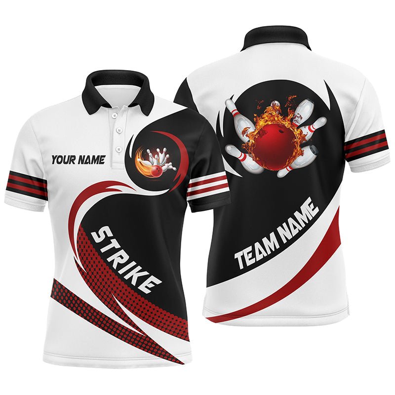 Schwarze und weiße Bowling-Polo-Shirts für Herren - Individuell gestaltete Bowlingkugel-Feuerstreifen-Team-Liga-Trikots Q6717 - Climcat