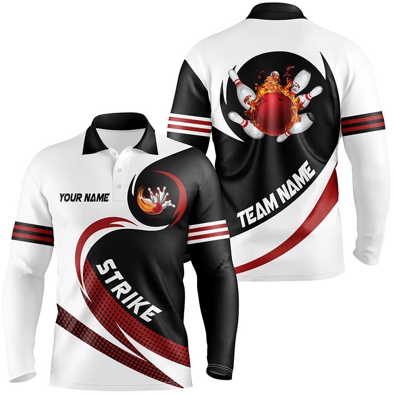 Schwarze und weiße Bowling-Polo-Shirts für Herren - Individuell gestaltete Bowlingkugel-Feuerstreifen-Team-Liga-Trikots Q6717 - Climcat