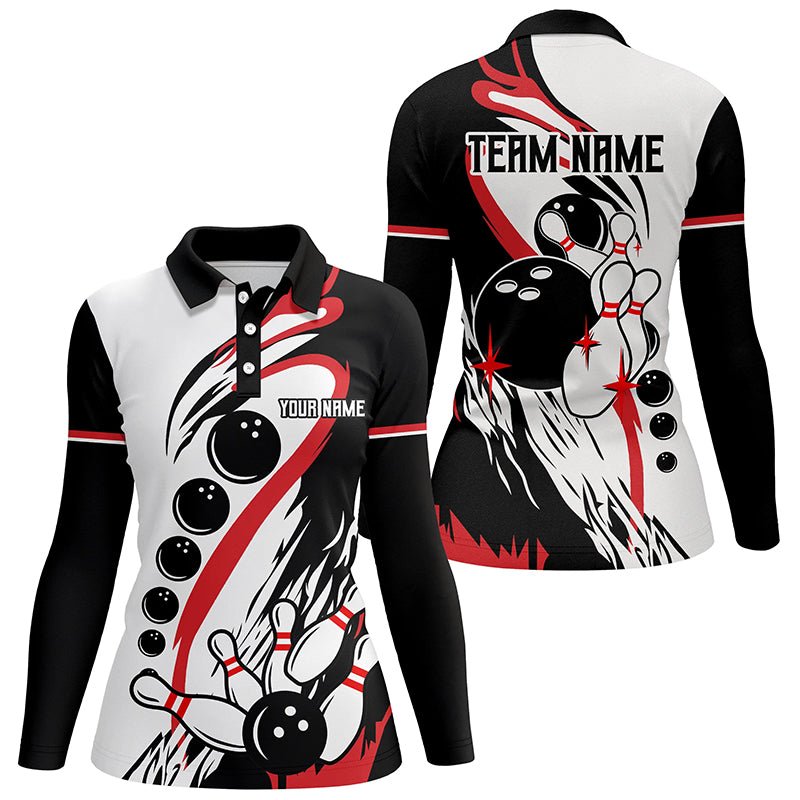 Schwarze und weiße Retro-Bowling-Liga-Trikots für Damen - Personalisierte Bowling-Polo-Shirts, Geschenke für Bowlerinnen Q7061 - Climcat