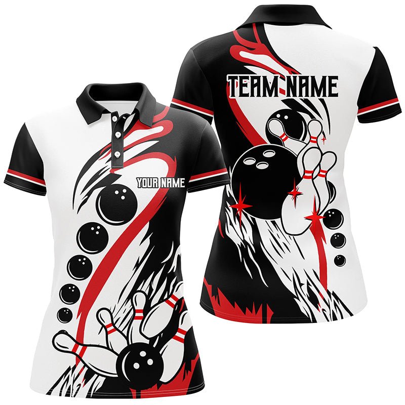 Schwarze und weiße Retro-Bowling-Liga-Trikots für Damen - Personalisierte Bowling-Polo-Shirts, Geschenke für Bowlerinnen Q7061 - Climcat