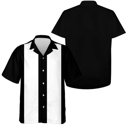 Schwarze und weiße Retro-Bowlinghemden für Herren, Herren-Kurzarm-Hemden mit Knopfleiste im Vintage-Stil P3834 - Climcat