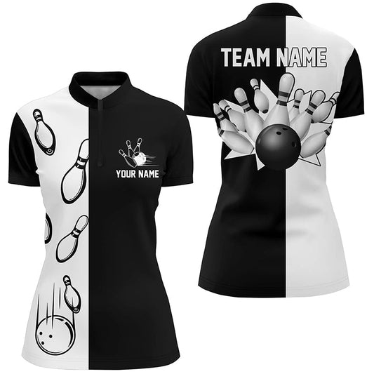 Schwarze und weiße Retro-Vintage-Bowling-Quarter-Zip-Shirts für Damen - Personalisierte Bowling-Teamtrikots Q5012 - Climcat