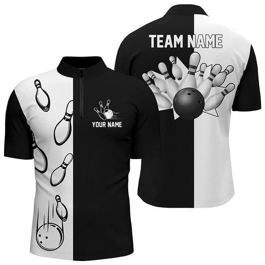 Schwarze und weiße Retro-Vintage-Bowling-Quarter-Zip-Shirts für Herren - Personalisierte Bowling-Teamtrikots Q5012 - Climcat