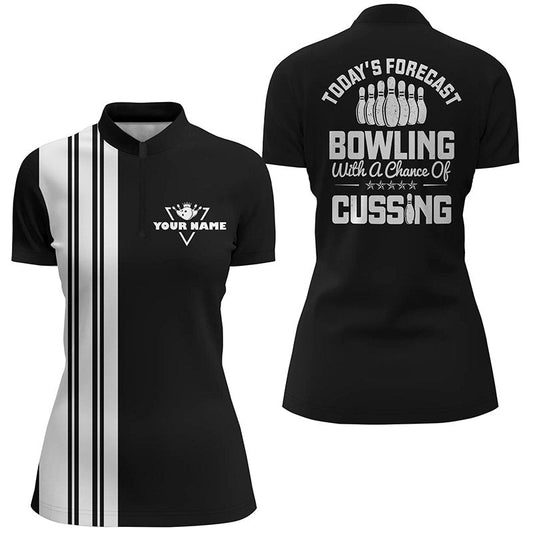 Schwarze weiße Retro-Bowling-Quarter-Zip-Shirts für Damen individuell gestaltet - Heute Prognose: Bowling mit hoher Chance auf Fluchen Q6908 - Climcat