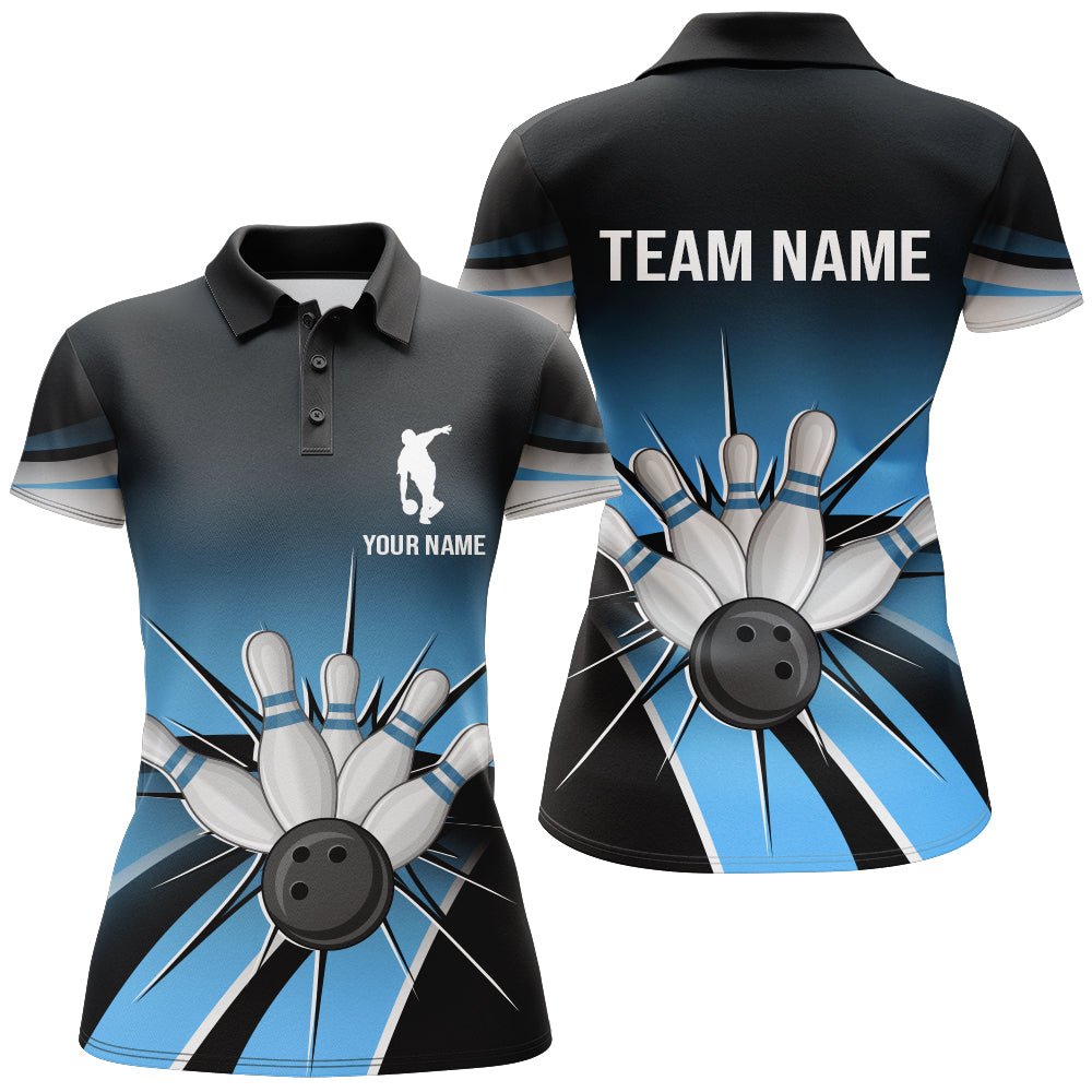 Schwarzes & Blaues Bowling Polo Shirt Vintage Personalisiertes Bowling Trikot für Damen Bowling Team Liga Shirt D119 - Climcat